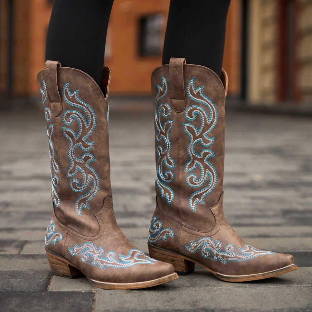 Rolled Cowgirl Boots with Blue Embroidery